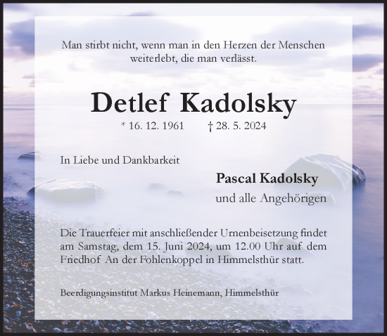 Traueranzeige von Detlef Kadolsky von Hildesheimer Allgemeine Zeitung