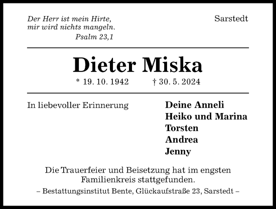 Traueranzeige von Dieter Miska von Hildesheimer Allgemeine Zeitung