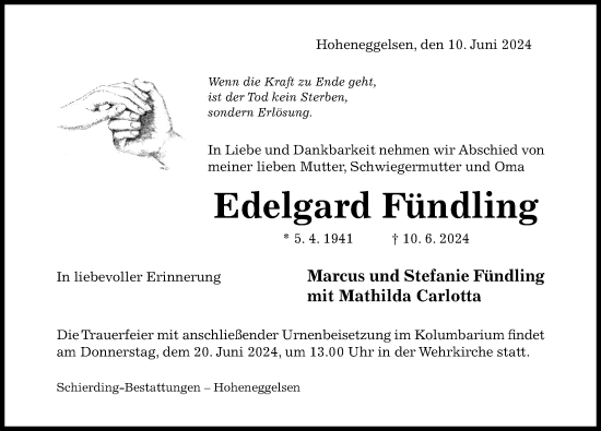 Traueranzeige von Edelgard Fündling von Hildesheimer Allgemeine Zeitung
