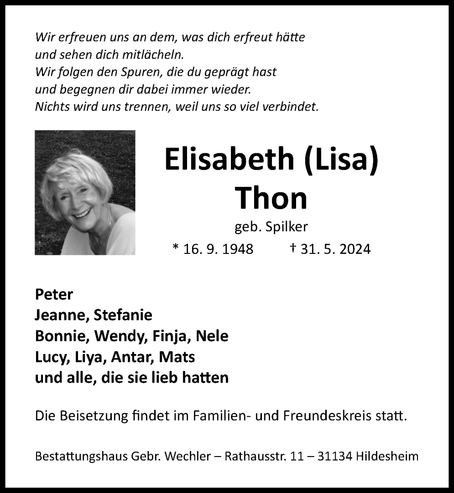  Traueranzeige für Elisabeth Thon vom 08.06.2024 aus Hildesheimer Allgemeine Zeitung