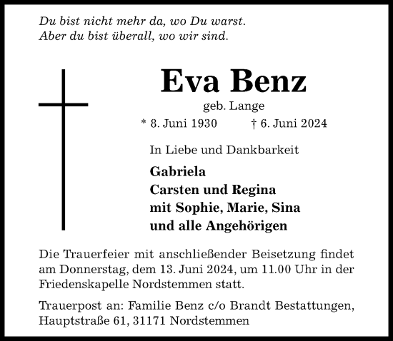 Traueranzeige von Eva Benz von Hildesheimer Allgemeine Zeitung