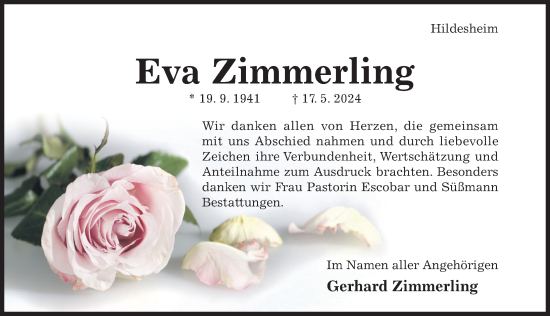 Traueranzeige von Eva Zimmerling von Hildesheimer Allgemeine Zeitung