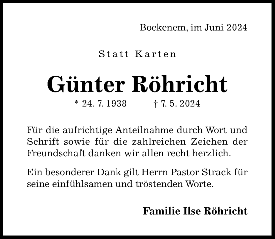 Traueranzeige von Günter Röhricht von Hildesheimer Allgemeine Zeitung