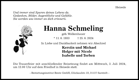 Traueranzeige von Hanna Schmeling von Hildesheimer Allgemeine Zeitung