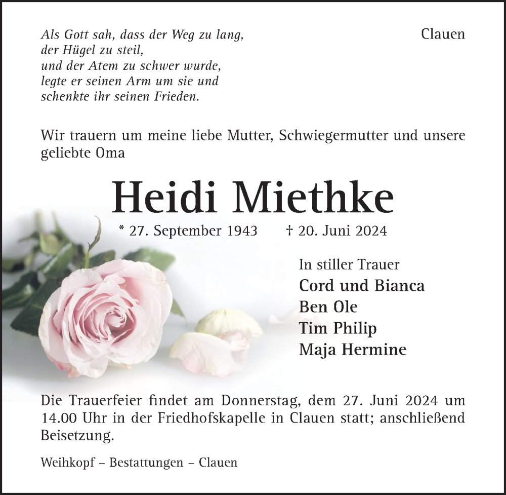  Traueranzeige für Heidi Miethke vom 25.06.2024 aus Hildesheimer Allgemeine Zeitung