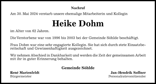 Traueranzeige von Heike Dohm von Hildesheimer Allgemeine Zeitung