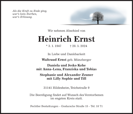 Traueranzeige von Heinrich Ernst von Hildesheimer Allgemeine Zeitung