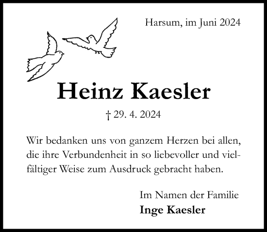 Traueranzeige von Heinz Kaesler von Hildesheimer Allgemeine Zeitung