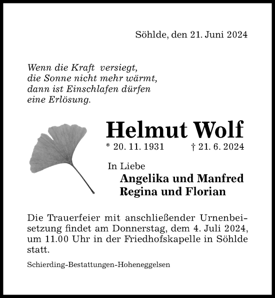 Traueranzeige von Helmut Wolf von Hildesheimer Allgemeine Zeitung