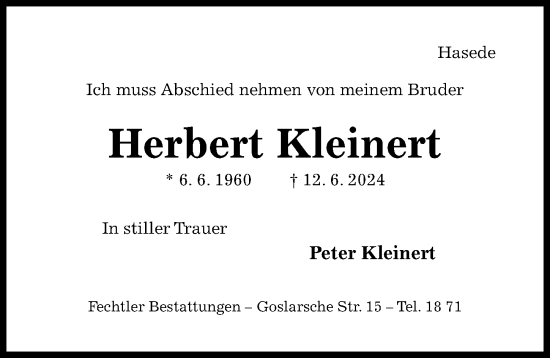 Traueranzeige von Herbert Kleinert von Hildesheimer Allgemeine Zeitung