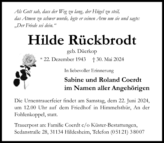 Traueranzeige von Hilde Rückbrodt von Hildesheimer Allgemeine Zeitung