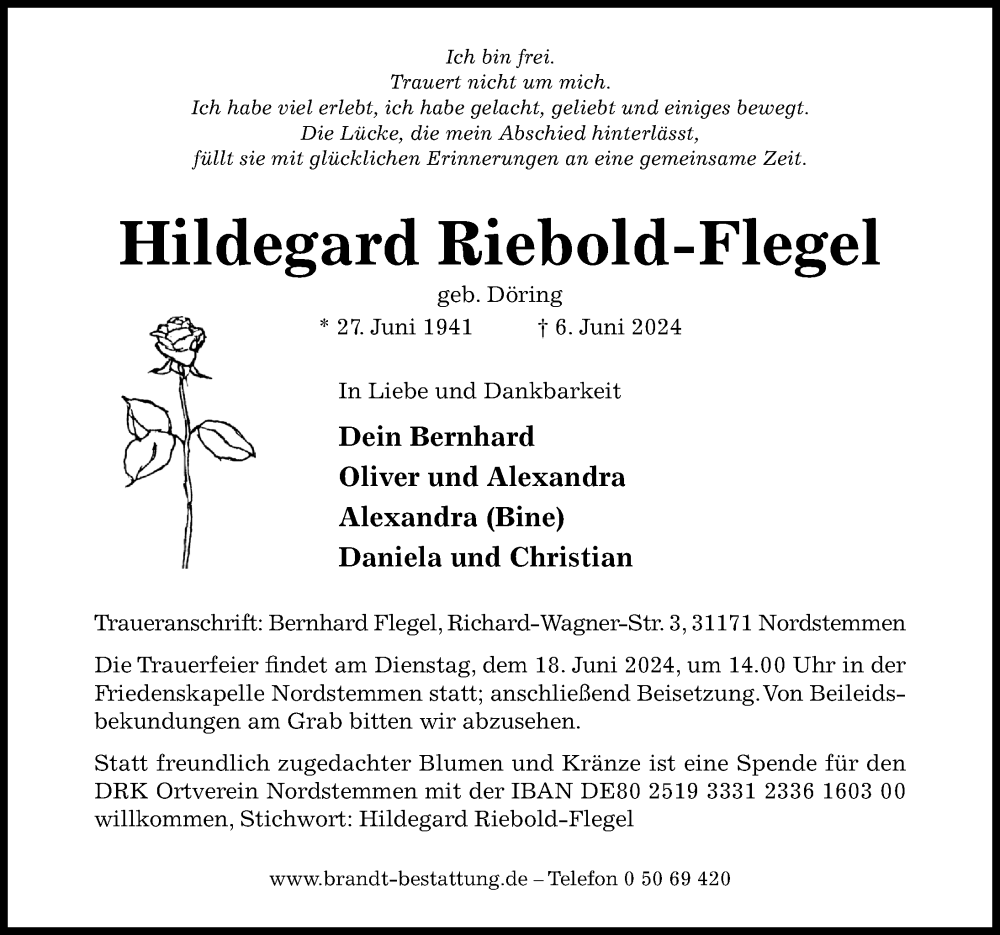  Traueranzeige für Hildegard Riebold-Flegel vom 12.06.2024 aus Hildesheimer Allgemeine Zeitung