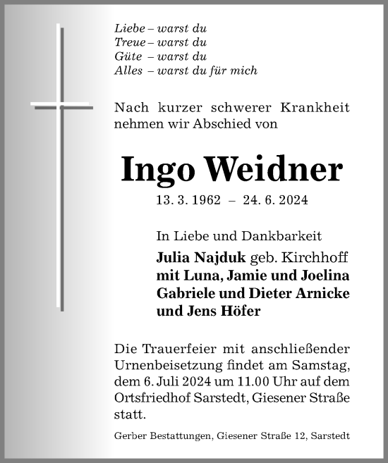 Traueranzeige von Ingo Weidner von Hildesheimer Allgemeine Zeitung