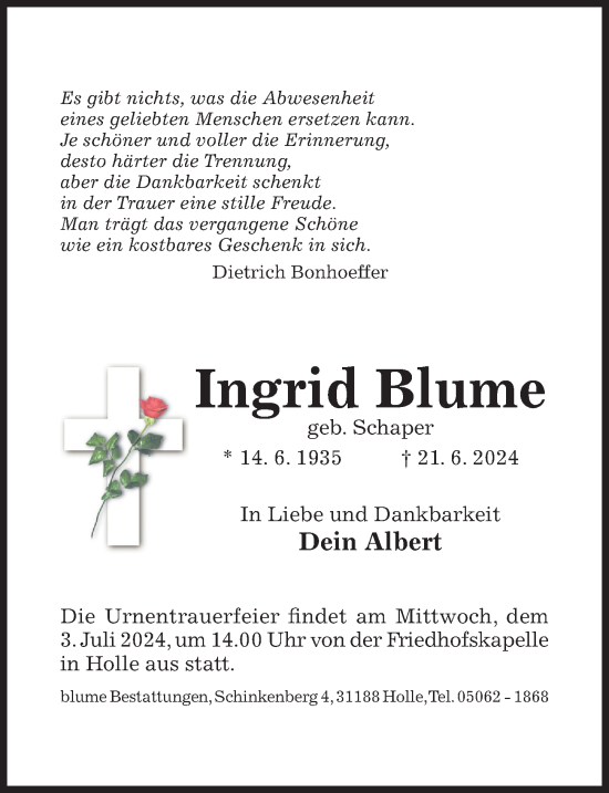 Traueranzeige von Ingrid Blume von Hildesheimer Allgemeine Zeitung