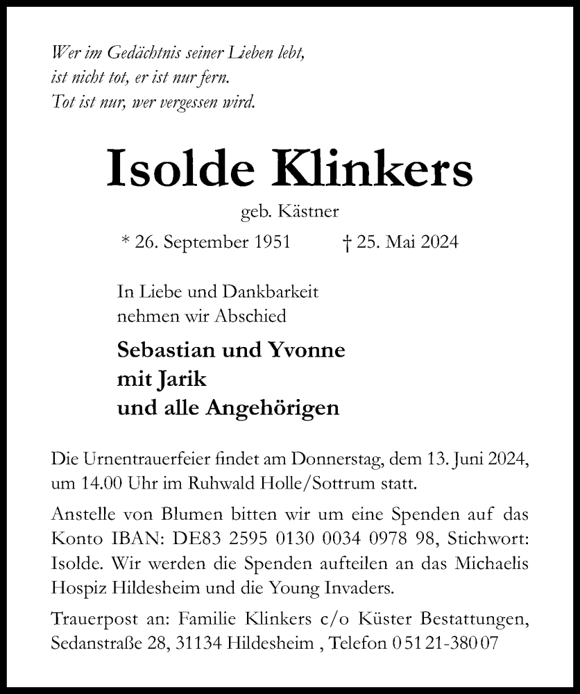  Traueranzeige für Isolde Klinkers vom 01.06.2024 aus Hildesheimer Allgemeine Zeitung