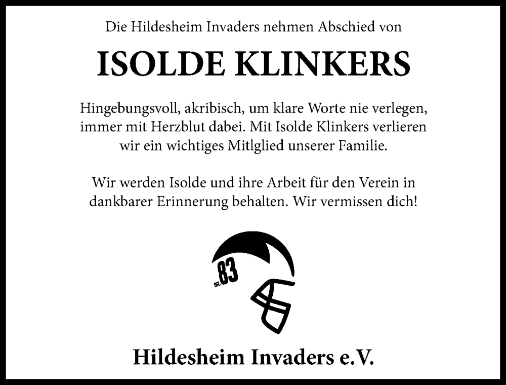  Traueranzeige für Isolde Klinkers vom 01.06.2024 aus Hildesheimer Allgemeine Zeitung