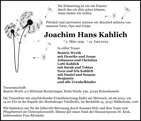 Traueranzeige von Joachim Hans Kahlich von Hildesheimer Allgemeine Zeitung