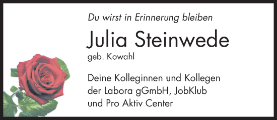 Traueranzeige von Julia Steinwede von Hildesheimer Allgemeine Zeitung