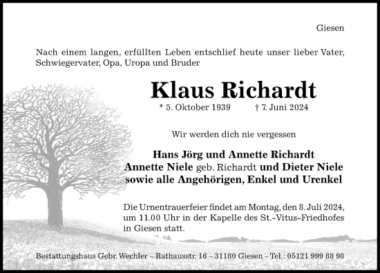 Traueranzeige von Klaus Richardt von Hildesheimer Allgemeine Zeitung