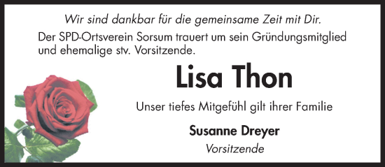 Traueranzeige von Lisa Thon von Hildesheimer Allgemeine Zeitung