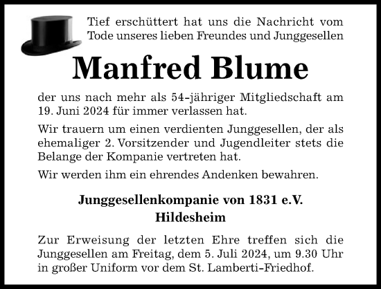 Traueranzeige von Manfred Blume von Hildesheimer Allgemeine Zeitung