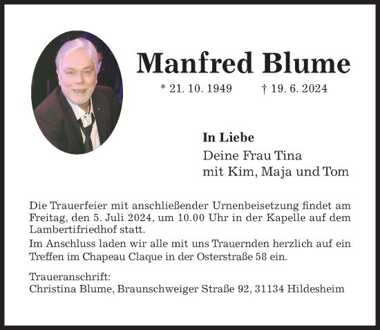 Traueranzeige von Manfred Blume von Hildesheimer Allgemeine Zeitung