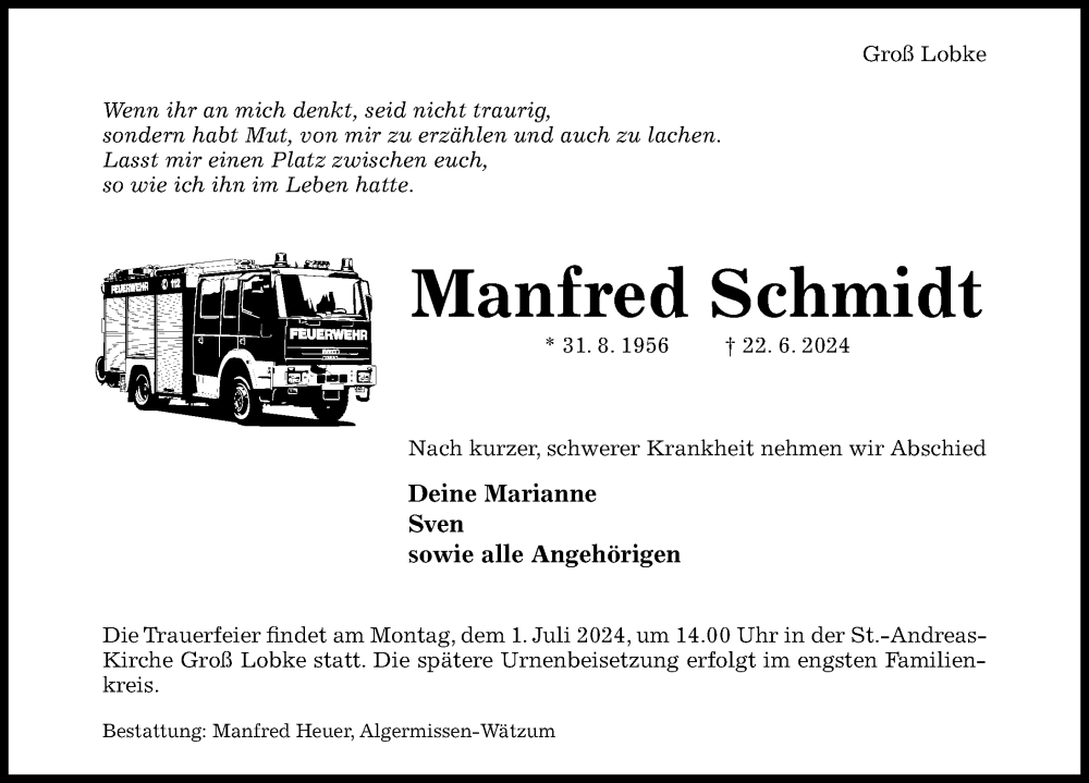  Traueranzeige für Manfred Schmidt vom 26.06.2024 aus Hildesheimer Allgemeine Zeitung