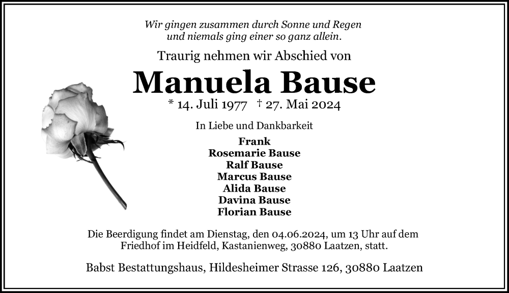  Traueranzeige für Manuela Bause vom 01.06.2024 aus Hildesheimer Allgemeine Zeitung