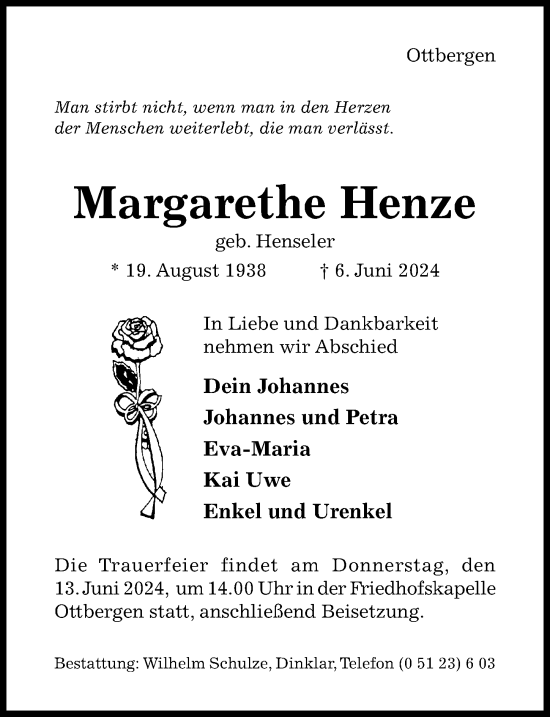 Traueranzeige von Margarethe Henze von Hildesheimer Allgemeine Zeitung