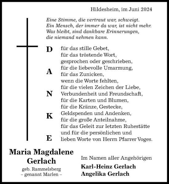 Traueranzeige von Maria Magdalene Gerlach von Hildesheimer Allgemeine Zeitung