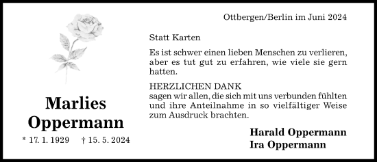 Traueranzeige von Marlies Oppermann von Hildesheimer Allgemeine Zeitung