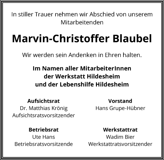 Traueranzeige von Marvin-Christoffer Blaubel von Hildesheimer Allgemeine Zeitung