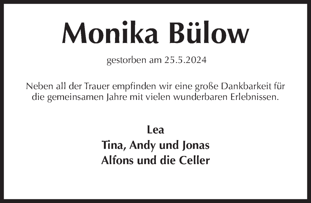  Traueranzeige für Monika Bülow vom 05.06.2024 aus Hildesheimer Allgemeine Zeitung