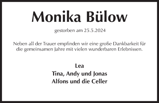 Traueranzeige von Monika Bülow von Hildesheimer Allgemeine Zeitung