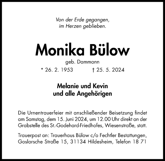 Traueranzeige von Monika Bülow von Hildesheimer Allgemeine Zeitung