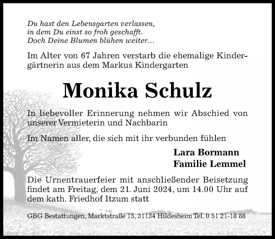 Traueranzeige von Monika Schulz von Hildesheimer Allgemeine Zeitung