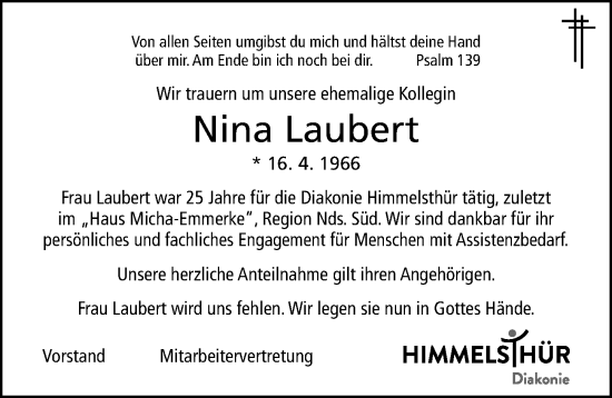 Traueranzeige von Nina Laubert von Hildesheimer Allgemeine Zeitung