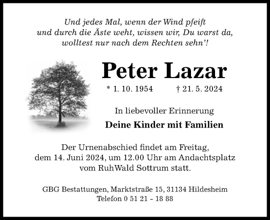 Traueranzeige von Peter Lazar von Hildesheimer Allgemeine Zeitung