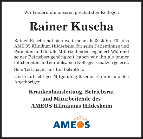 Traueranzeige von Rainer Kuscha von Hildesheimer Allgemeine Zeitung