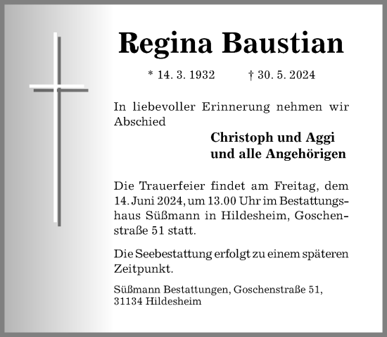 Traueranzeige von Regina Baustian von Hildesheimer Allgemeine Zeitung