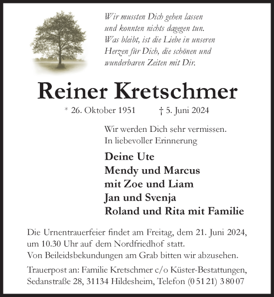 Traueranzeige von Reiner Kretschmer von Hildesheimer Allgemeine Zeitung