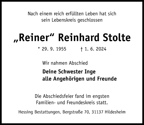 Traueranzeige von Reinhard Stolte von Hildesheimer Allgemeine Zeitung