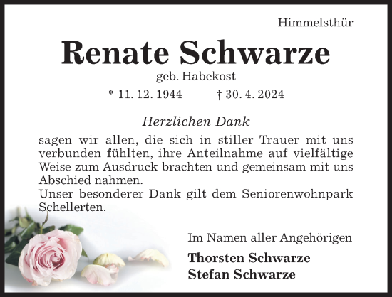 Traueranzeige von Renate Schwarze von Hildesheimer Allgemeine Zeitung