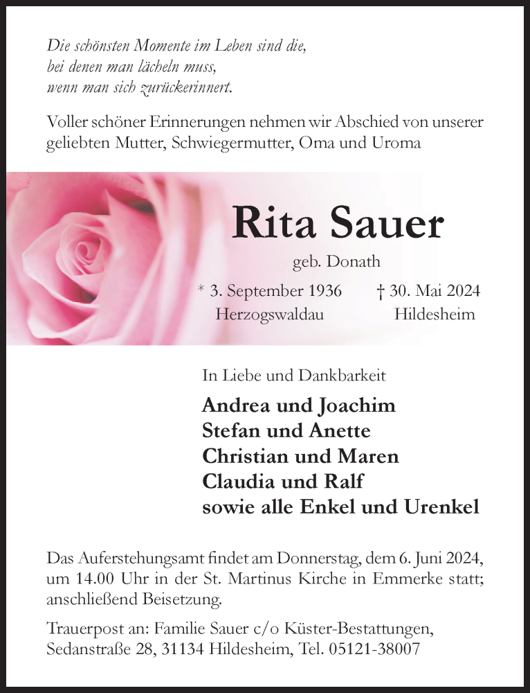  Traueranzeige für Rita Sauer vom 05.06.2024 aus Hildesheimer Allgemeine Zeitung