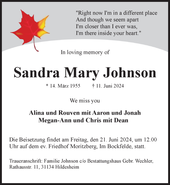 Traueranzeige von Sandra Mary Johnson von Hildesheimer Allgemeine Zeitung