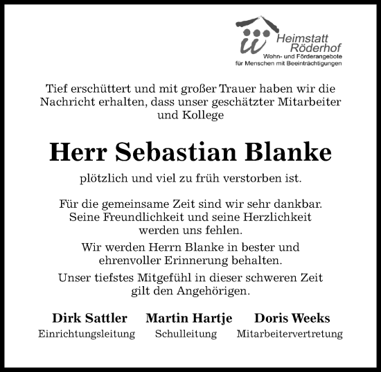 Traueranzeige von Sebastian Blanke von Hildesheimer Allgemeine Zeitung