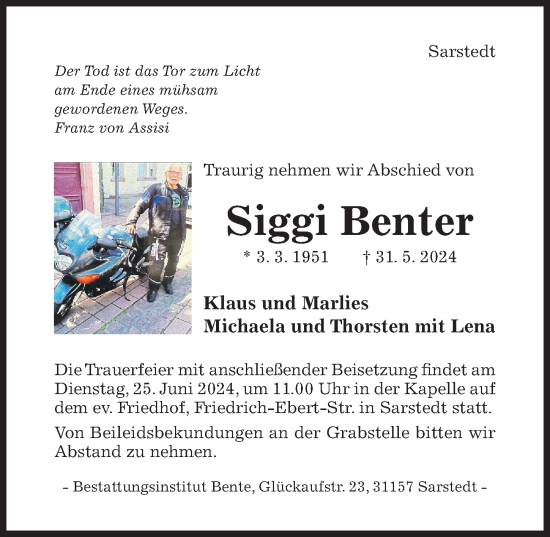 Traueranzeige von Siggi Benter von Hildesheimer Allgemeine Zeitung