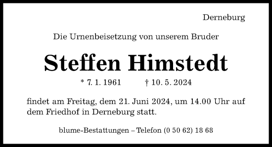 Traueranzeige von Steffen Himstedt von Hildesheimer Allgemeine Zeitung