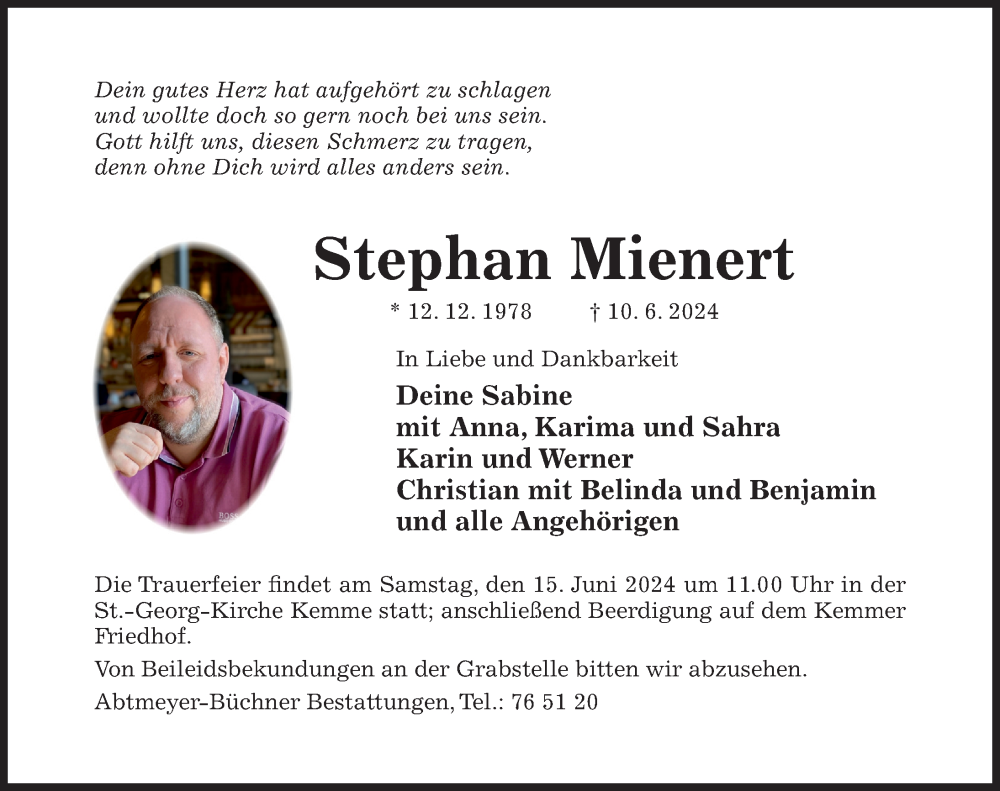  Traueranzeige für Stephan Mienert vom 13.06.2024 aus Hildesheimer Allgemeine Zeitung