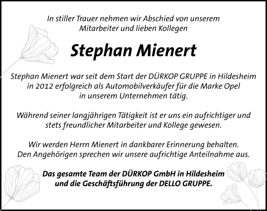 Traueranzeige von Stephan Mienert von Hildesheimer Allgemeine Zeitung